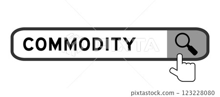 Search banner in word commodity with hand over magnifier icon on white background 123228080