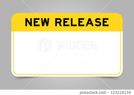 Label banner that have yellow headline with word new release and white copy space, on gray background 123228139