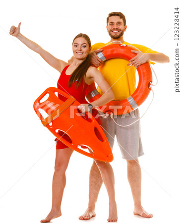 Lifeguards with rescue and ring buoy lifebuoy. 123228414