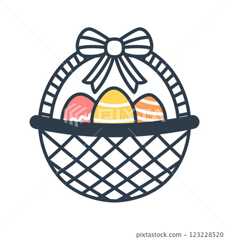Festive Easter basket filled with colorful eggs. Easter eggs in a basket with a bow. 123228520