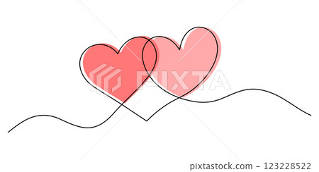 Two intertwined hearts in a continuous line drawing. Simple line art of two overlapping hearts for Valentine's Day. 123228522