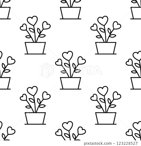 Seamless pattern of heart-shaped plants in pots. 123228527