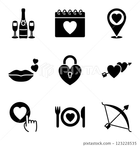 Valentine's Day icons featuring love and romance symbols. Valentine's Day icons featuring love and romance symbols. 123228535