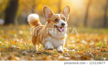 Corgi joyfully running through autumn leaves in a sunny park during the golden hour 123228677