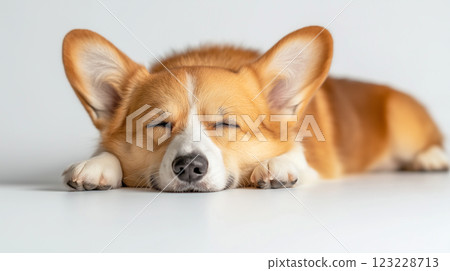Corgi resting peacefully on a smooth surface during a quiet afternoon at home 123228713