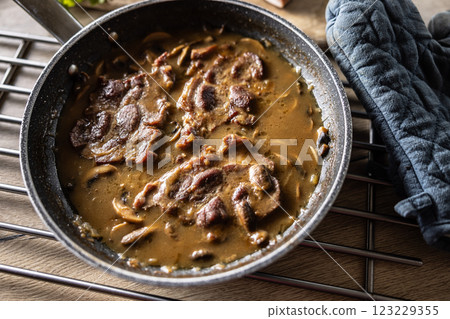 Roasted Pork Neck with Mushroom Sauce in a Ceramic Pan Roasted Pork Neck with Mushroom Sauce in a Ceramic Pan 123229355