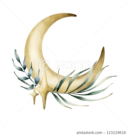 Crescent Moon with palm leaves and sprakles. Watercolor hand drawn illustration isolated on white background arrangement for Ramadan Kareem design, Eid Al Fitr, Eid Al Adha, greeting card, invitation 123229616