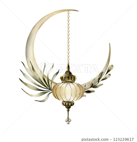 Crescent Moon with Islamic lantern and green leaves. Watercolor hand drawn illustration isolated on white background arrangement for Ramadan Kareem design, Eid Al Fitr, Eid Al Adha, card, invitation Crescent Moon with Islamic lantern and green leaves. Watercolor hand drawn illustration isolated on white background arrangement for Ramadan Kareem design, Eid Al Fitr, Eid Al Adha, card, invitation 123229617