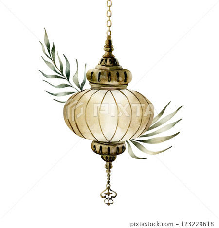 Islamic lantern with green palm leaves. Watercolor hand drawn illustration isolated on white background arrangement for Ramadan Kareem design, Mubarak Eid Al Fitr, Al Adha, Mawlid, card, invitation 123229618