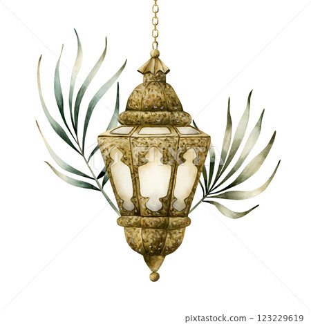 Islamic lantern with palm leaves. Arabic style golden lamp. Watercolor hand painted isolated illustration for Ramadan Kareem design, Muslim holidays, Mubarak Eid Al Fitr, Al Adha, card, invitation 123229619