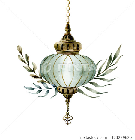 Islamic lantern with green palm leaves. Watercolor hand drawn illustration isolated on white background arrangement for Ramadan Kareem design, Mubarak Eid Al Fitr, Al Adha, Mawlid, card, invitation 123229620
