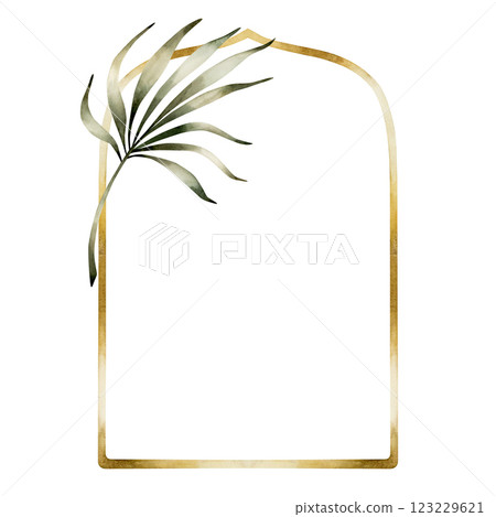 Muslim golden frame with data palm leaves. Islamic window or door arch, Mosque gate shape. Watercolor hand drawn isolated illustration for Ramadan Kareem design, Mubarak Eid Al Fitr, Adha, Mawlid card 123229621