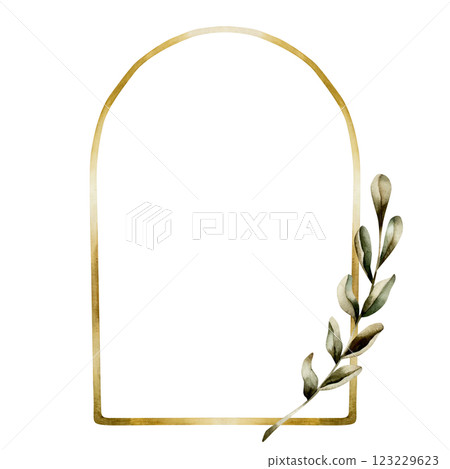 Muslim golden frame with data palm leaves. Islamic window or door arch, Mosque gate shape. Watercolor hand drawn isolated illustration for Ramadan Kareem design, Mubarak Eid Al Fitr, Adha, Mawlid card 123229623