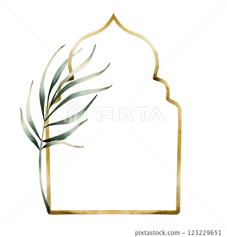 Muslim golden frame with data palm leaves. Islamic window or door arch, Mosque gate shape. Watercolor hand drawn isolated illustration for Ramadan Kareem design, Mubarak Eid Al Fitr, Adha, Mawlid card Muslim golden frame with data palm leaves. Islamic window or door arch, Mosque gate shape. Watercolor hand drawn isolated illustration for Ramadan Kareem design, Mubarak Eid Al Fitr, Adha, Mawlid card 123229651