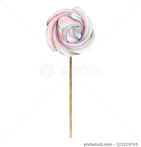 Cute marshmallow. Meringue on a stick. Watercolor hand painted isolated food illustration for confectionery design, kids birthday party, baby shower, nursery clothe fabric, sweet textile, logo, label 123229743