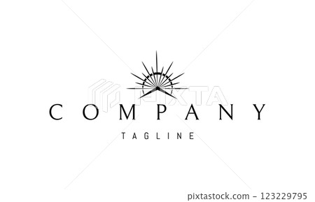 Vector logo with an abstract image of a shining sun against a mountain background. Vector logo with an abstract image of a shining sun against a mountain background. 123229795