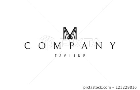 Vector logo with an abstract image of two open books in the shape of the letter M. 123229816