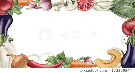Fresh vegetables and seasonings frame. Watercolor hand painted isolated food illustration cookbook, kitchen table textile, condiment package, delicious fabric, recipe book, card, logo, label, utensils Fresh vegetables and seasonings frame. Watercolor hand painted isolated food illustration cookbook, kitchen table textile, condiment package, delicious fabric, recipe book, card, logo, label, utensils 123229844