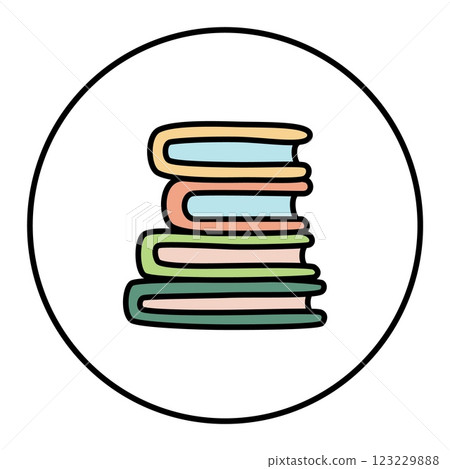 Doodle pile of books icon hand drawn with thin line, minimalistic style colored 123229888