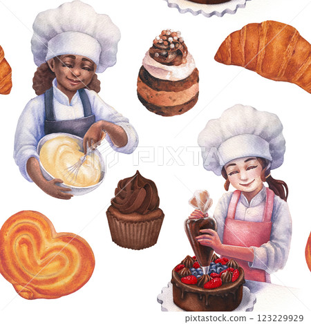 Seamless watercolor pattern of two confectionery girls and various pastry 123229929