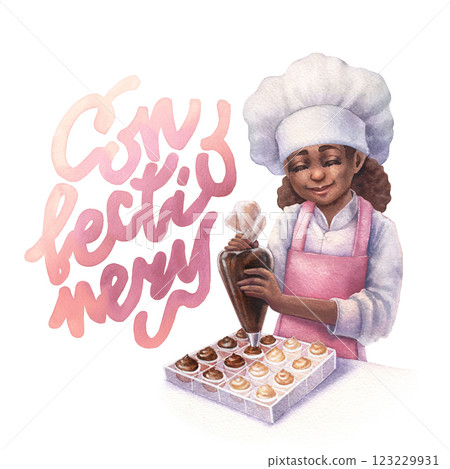A cute African girl in a chef's hat and apron is piping chocolate into a candy mold using a pastry bag. 123229931