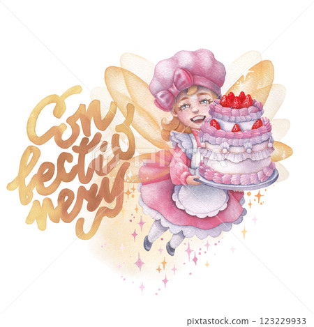 A charming watercolor illustration of a whimsical confectionery fairy carrying a beautifully decorated strawberry cake A charming watercolor illustration of a whimsical confectionery fairy carrying a beautifully decorated strawberry cake 123229933