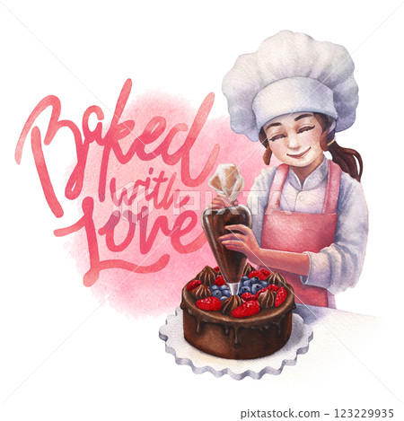 A cute girl in a chef's hat and apron is piping whipped cream onto a chocolate berry cake using a pastry bag 123229935