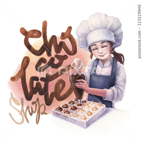 A cute girl in a chef's hat and apron is piping chocolate into a candy mold using a pastry bag 123229948