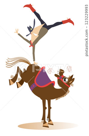Cartoon man rides horse. Funny farmer or cowboy balances on one hand on the back of the horse Cartoon man rides horse. Funny farmer or cowboy balances on one hand on the back of the horse 123229993