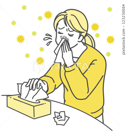 一名患有花粉症的婦女不停地流鼻涕並且擤鼻涕 123230084