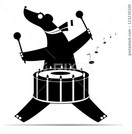 Cartoon cute bear playing music on the big drum.  Cute bear beats the big drum. Black and white illustration 123230100