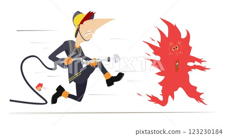 An angry firefighter with a hose in his hands chases a terrified fire. Firefighter in action. Frightened cartoon fire running away from an angry firefighter holding hose 123230184