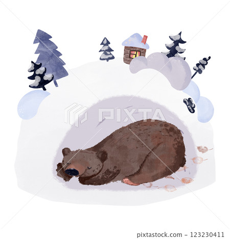 Hand-drawn illustration of a sleeping bear in a childlike style with watercolor textures. A cozy, peaceful design, perfect for children's books, nature-themed projects, or whimsical designs Hand-drawn illustration of a sleeping bear in a childlike style with watercolor textures. A cozy, peaceful design, perfect for children's books, nature-themed projects, or whimsical designs 123230411