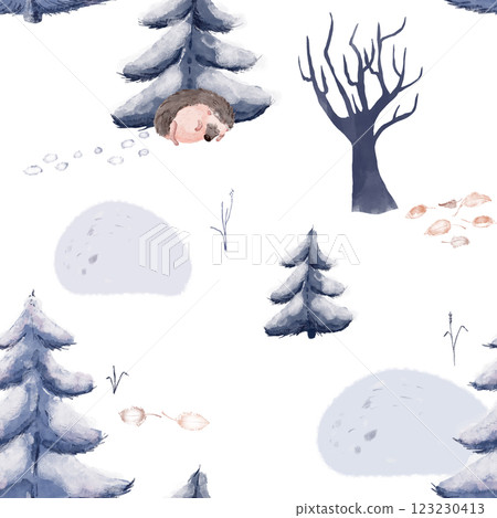 Hand-drawn seamless pattern with sleeping hedgehog and winter trees. Soft watercolor textures create a warm, fairy-tale feel. Perfect for fabrics, wallpapers, and holiday designs 123230413