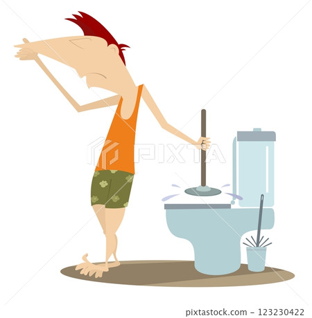 A man clears a clogged toilet boul. A young man with a plunger in his hand tries to clear a blockage in a toilet and plugs his nose to avoid smelling the unpleasant smell. Isolated on white background 123230422