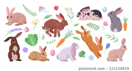 Easter bunnies. Cute fluffy spring rabbits with flowers and vegetables, eared animals with greens and leaves flat vector illustration set. Spring holiday rabbits on white 123230659