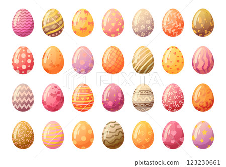 Easter eggs. Cartoon spring holiday painted eggs, Happy Easter colorful decorative eggs flat vector illustration set. Traditional painted eggs on white background 123230661