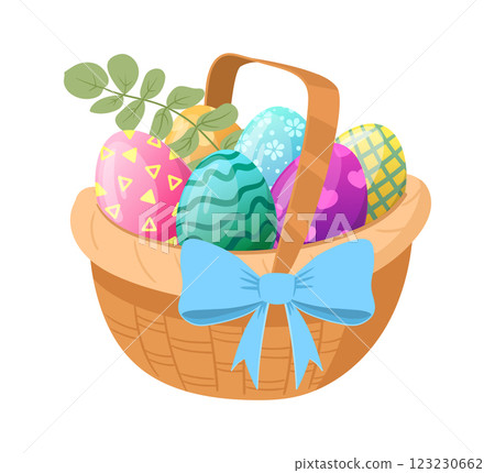 Easter painted eggs basket. Cartoon basket full of colorful eggs, wicker basket with Easter eggs flat vector illustration. Spring holiday chocolate eggs 123230662