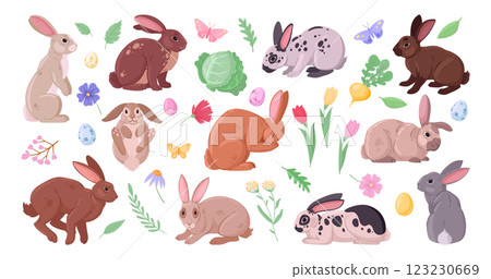 Spring rabbits. Easter bunnies with flowers and vegetables, eared cute fluffy domestic bunnies flat vector illustration set. Cartoon spring holiday rabbits on white 123230669