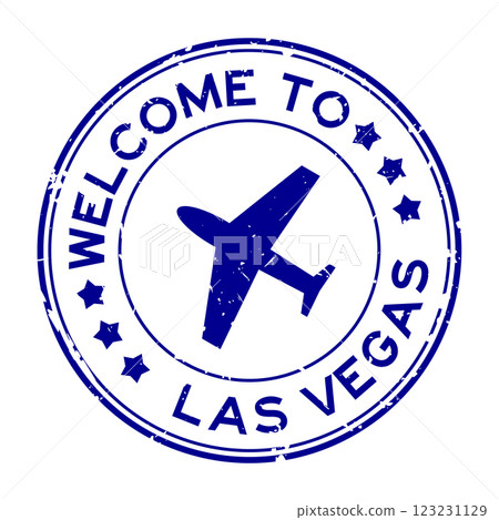 Grunge blue welcome to las vegas with airplane icon round rubber seal stamp on white background 123231129