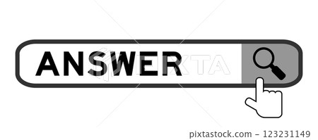 Search banner in word answer with hand over magnifier icon on white background 123231149