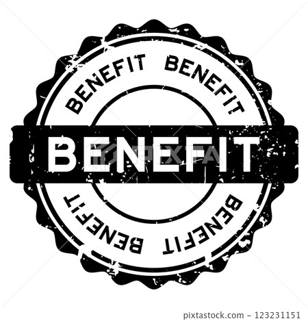 Grunge black benefit word round seal stamp on white background 123231151