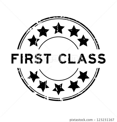 Grunge black first class word with star icon round rubber seal stamp on white background Grunge black first class word with star icon round rubber seal stamp on white background 123231167