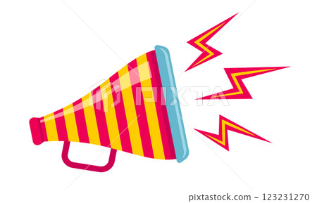 Vector icon of vintage striped megaphone for fake, breaking news or sale. Vector retro red megaphone with lightning on yellow background. 123231270