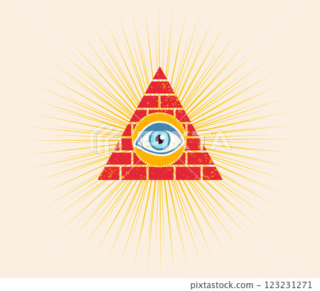 Vector vintage illustration of a pyramid with eye. Pyramid with eye on white background. 123231271