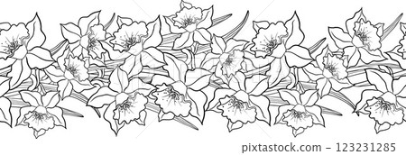 Seamless Floral Garland With Linear Pattern Of Daffodil Flowers And Leaves 123231285
