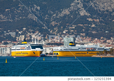 Two ferries connecting Corsica and Sardinia to the Port of Toulon 123231394