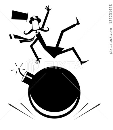 Scared man in the top hat and bomb explosion. Bomb, fuse, wick, spark. Scared man in the top hat tossed up by the explosion of the bomb. Black and white illustration 123231428