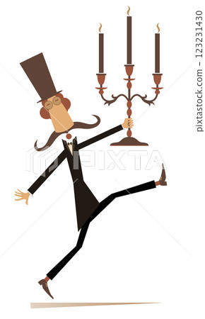 Cartoon man in the top hat holding a candlestick with burning candles. Cute long mustache man in the top hat holding a vintage candlestick with burning candles. Isolated on white background 123231430