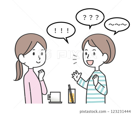 A talkative woman and a woman listening with a smile A talkative woman and a woman listening with a smile 123231444